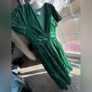 Anthropologie puff-sleeved burnout velvet maxi green dress